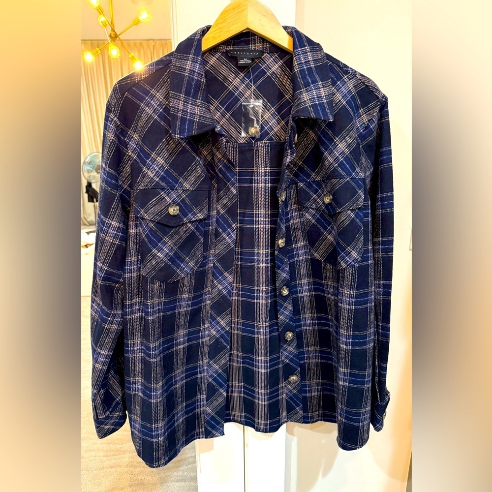 Sanctuary Women’s Cotton Shacket NWOT Size M Navy and Cream Check